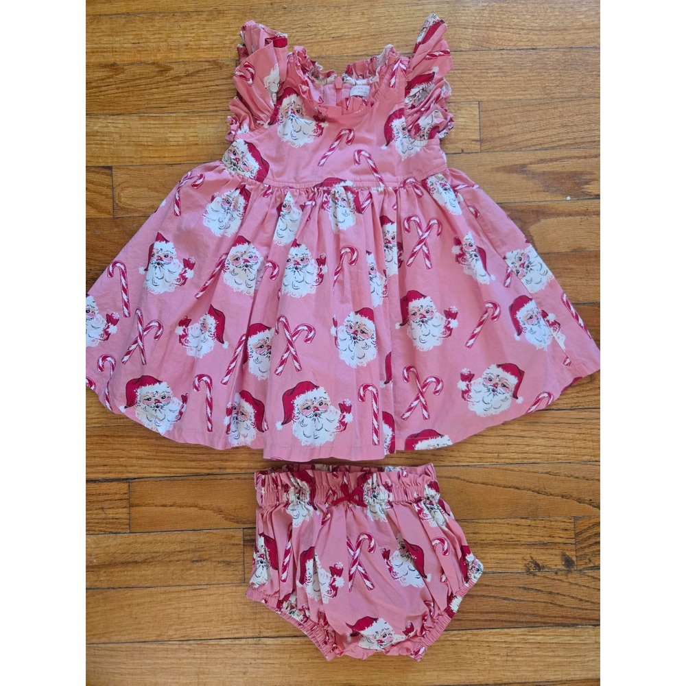 Pink Chicken Santa Candy Cane Pink Holiday Dress Bloomer Set 6-12M Kids - Picture 3 of 6